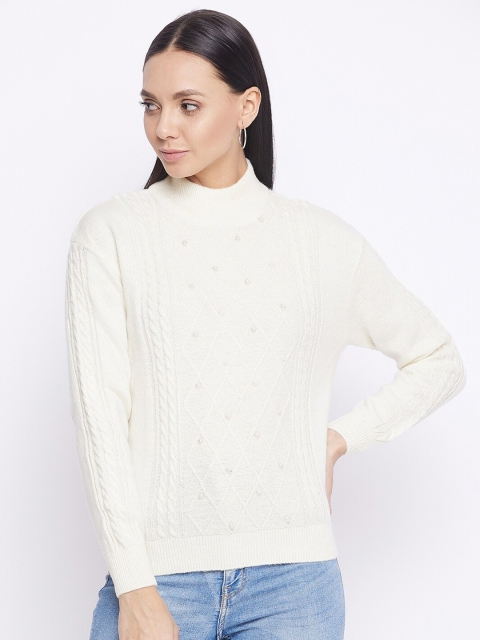 

Octave Women Off White Cable Knit High Neck Pullover Sweater with Embellished Detail