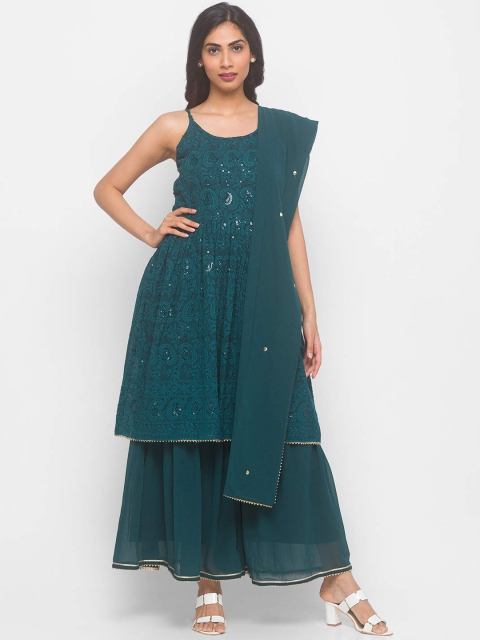 

ZOLA Women Green Embroidered Sequinned Kurta with Sharara & Dupatta