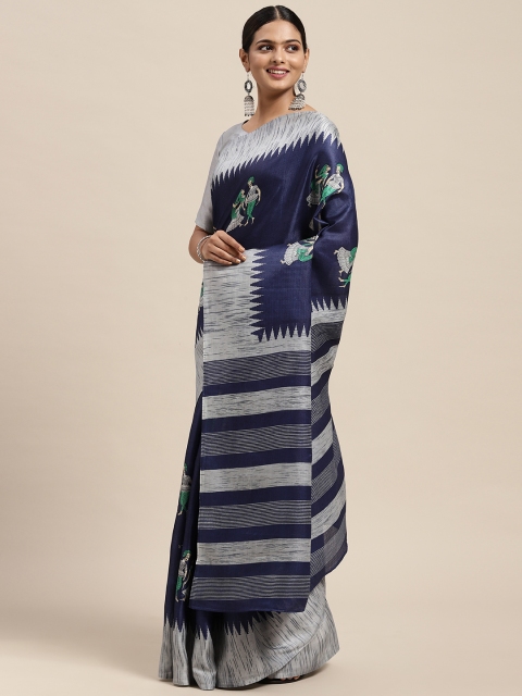 

KALINI Navy Blue Ethnic Motifs Art Silk Khadi Saree