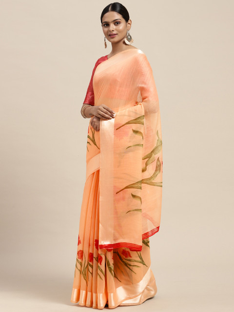 

KALINI Orange Floral Linen Blend Saree
