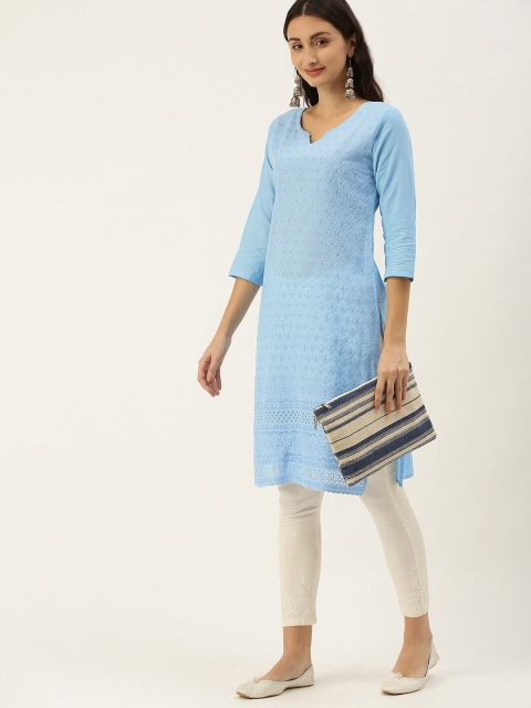 

SWAGG INDIA Women Blue Ethnic Motifs Embroidered Chikankari Kurta