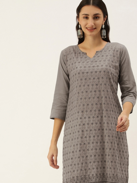 

SWAGG INDIA Women Grey Ethnic Motifs Embroidered Chikankari Kurta