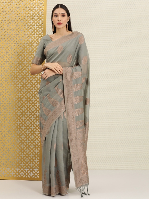 

House of Pataudi Grey Ethnic Motifs Zari Saree