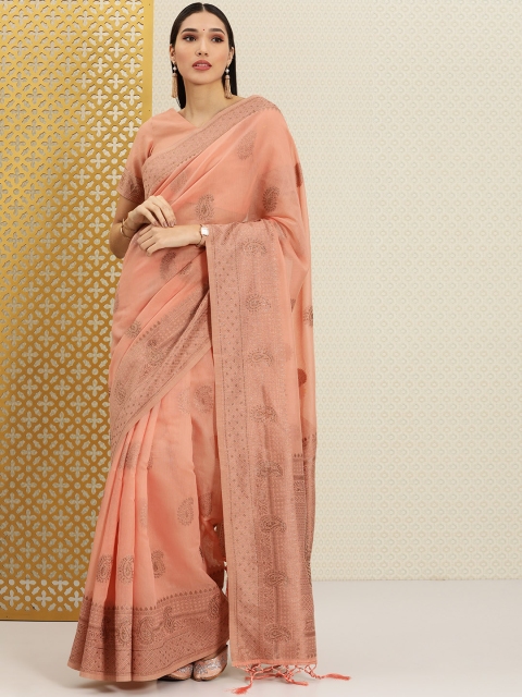 

House of Pataudi Peach-Coloured Ethnic Motifs Beads and Stones Saree