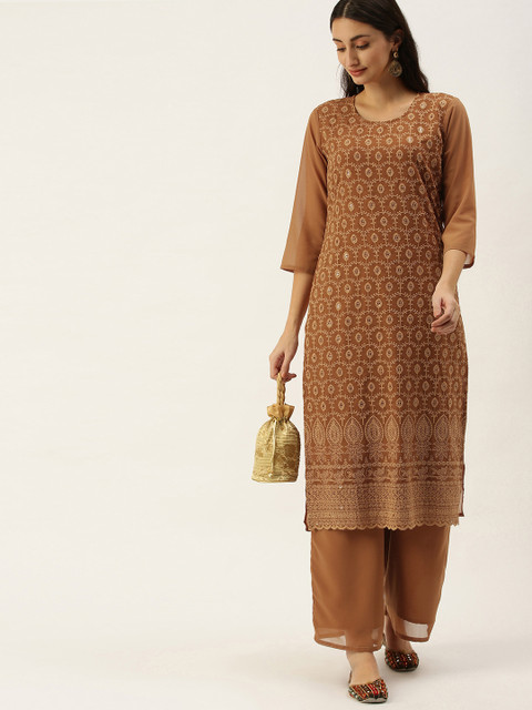 

SWAGG INDIA Women Mustard Yellow Ethnic Motifs Embroidered Chikankari Kurta with Palazzos