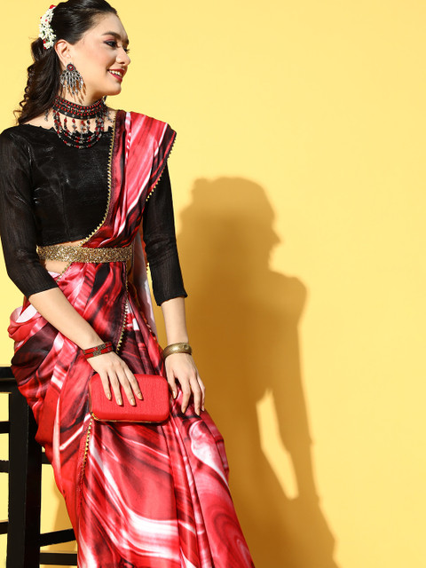 

Mitera Tie and Dye Satin Saree with Embellished Border, Red