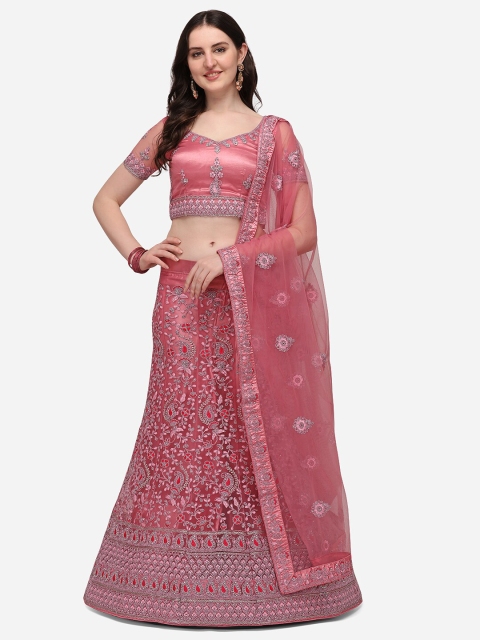 

Netram Pink & Grey Embroidered Semi-Stitched Lehenga & Unstitched Blouse With Dupatta