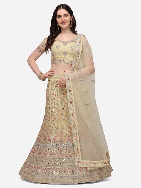 

Netram Cream-Coloured & Peach-Coloured Embroidered Mirror Work Semi-Stitched Lehenga & Unstitched Blouse