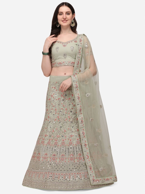

Netram Lime Green & Peach-Coloured Embroidered Semi-Stitched Lehenga & Unstitched Blouse