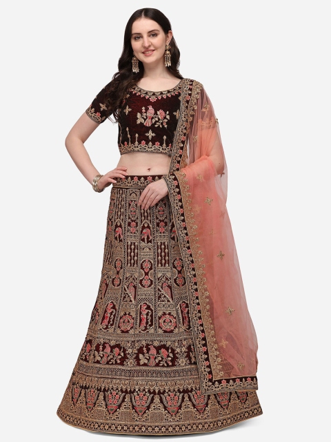 

Netram Maroon & Coral Embroidered Semi-Stitched Lehenga & Unstitched Blouse With Dupatta