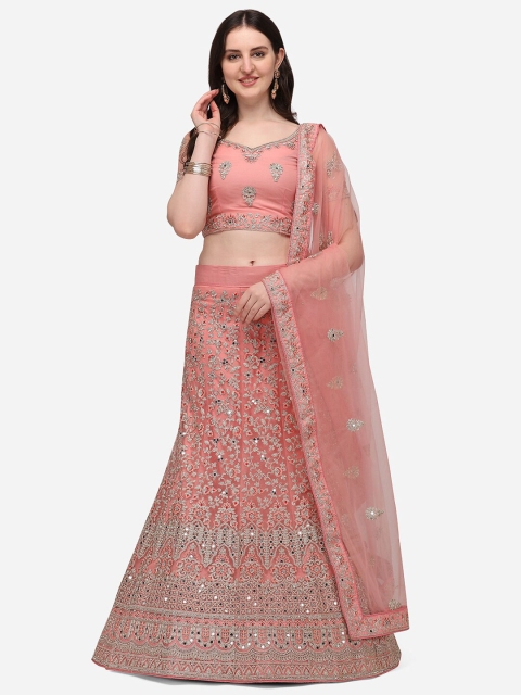 

Netram Pink & Grey Embroidered Semi-Stitched Lehenga & Unstitched Blouse With Dupatta