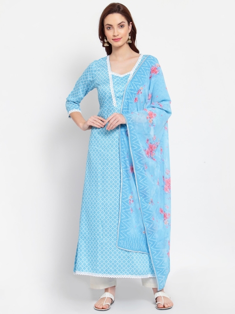 

Myshka Women Blue Geometric Printed Cotton Kurta With Dupatta