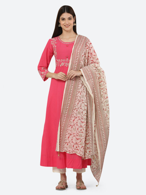 

Ashnaina Women Pink & Off-White Chikankari Pure Cotton Kurta with Trousers & Dupatta