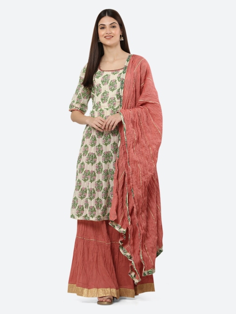 

Ashnaina Women Cream-Coloured Floral Printed Pure Cotton Kurta and Skirt with Dupatta
