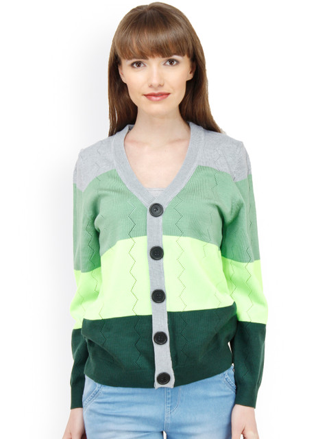 

Camey Women Green & Grey Striped Cardigan