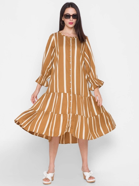 

ZOLA Tan Brown Striped Drop-Waist Cotton Midi Dress