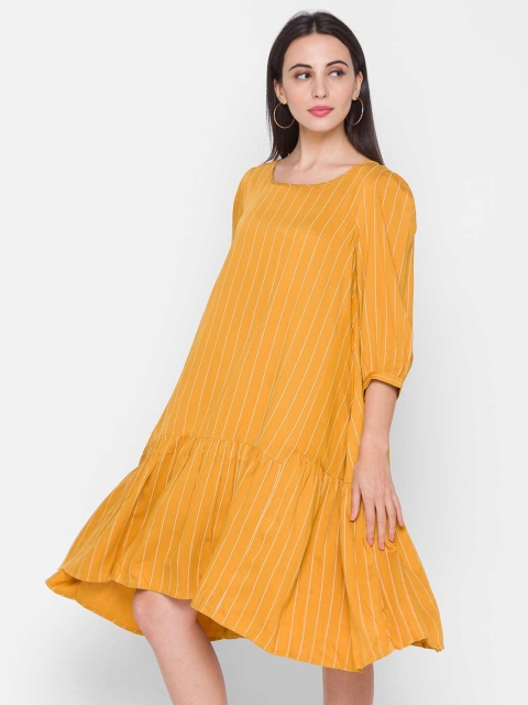 

ZOLA Mustard Yellow Striped Cotton Drop-Waist Dress