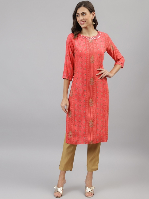 

TANKHI Women Peach-Coloured Geometric Printed Kurta