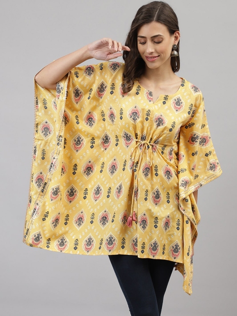 

TANKHI Women Yellow Floral Printed Flared Sleeves Kaftan Kurta