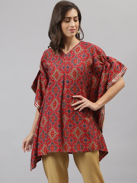 

TANKHI Women Red & Blue Geometric Printed Flared Sleeves Thread Work Kaftan Kurta
