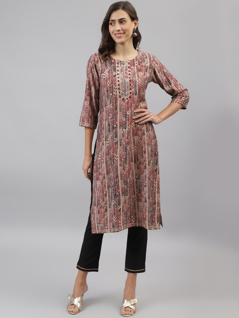 

TANKHI Women Multicoloured Striped Mirror Work Kurta, Multi
