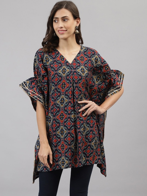 

TANKHI Women Blue & Red Geometric Printed Bell Sleeves Kaftan Kurta
