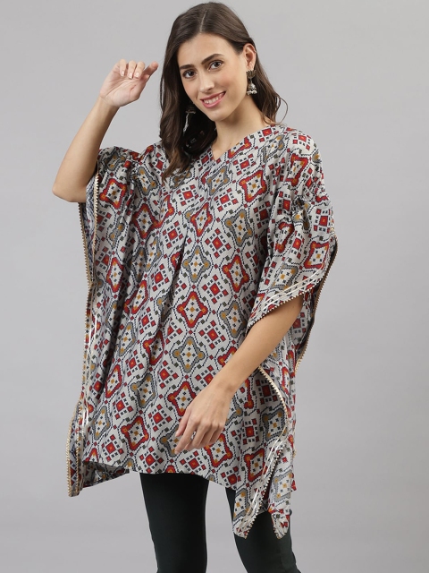 

TANKHI Women Grey & Red Floral Printed Flared Sleeves Kurta