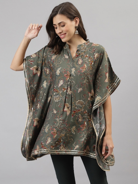 

TANKHI Women Grey Floral Embroidered Flared Sleeves Kaftan Kurta