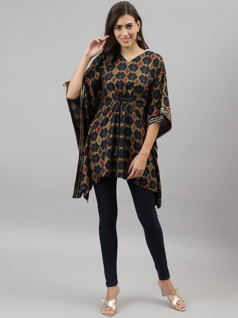 

TANKHI Women Black Geometric Printed Flared Sleeves Kaftan Kurta