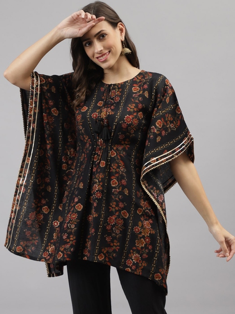 

TANKHI Women Black Floral Printed Flared Sleeves Kaftan Kurta