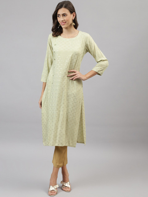 

TANKHI Women Green Geometric Embroidered Flared Sleeves Kurta