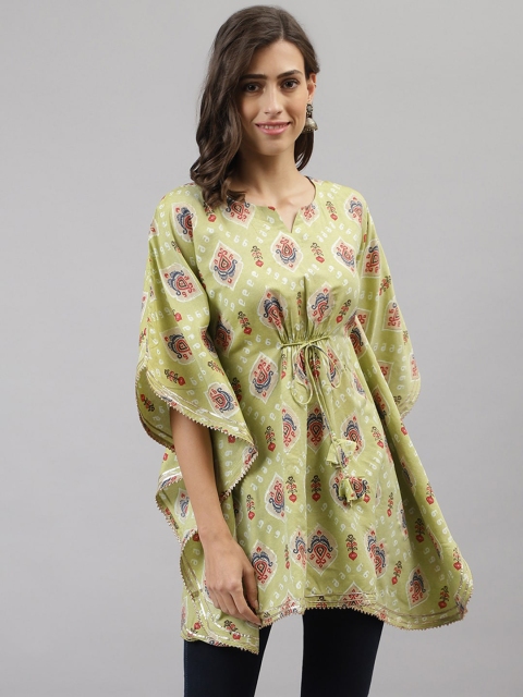 

TANKHI Green Ethnic Motifs Printed Flared Sleeves Kaftan Kurti
