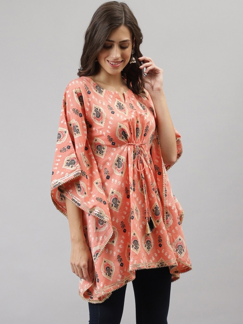 

TANKHI Women Peach-Coloured Ethnic Motifs Printed Mirror Work Kurta