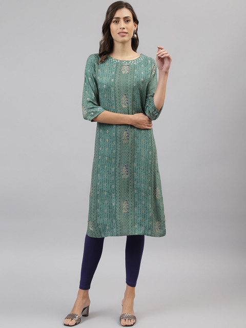 

TANKHI Women Green & Blue Floral Mirror Work Kurta