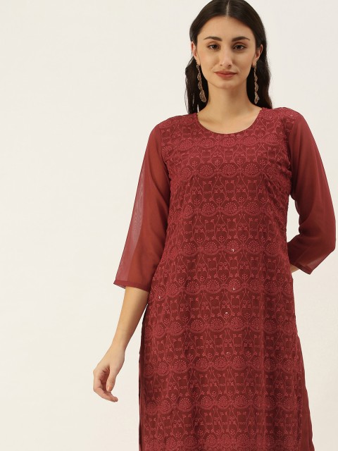 

SWAGG INDIA Women Maroon Ethnic Motifs Embroidered Chikankari Kurta with Palazzos