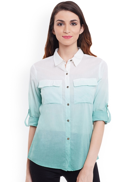 

PURYS Women Green & White Regular Fit Solid Semi Formal Shirt