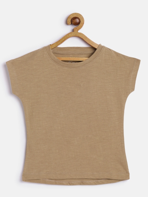 

METRO KIDS COMPANY Khaki Brown Extended Sleeves Pure Cotton Crop Top