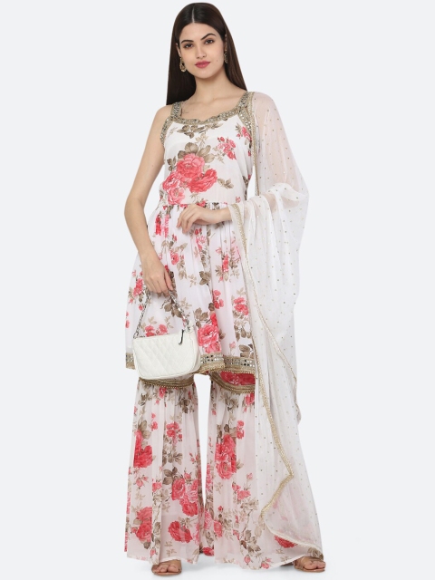 

Ashnaina Women White & Pink Floral Printed Gotta Patti Kurti with Sharara & Dupatta