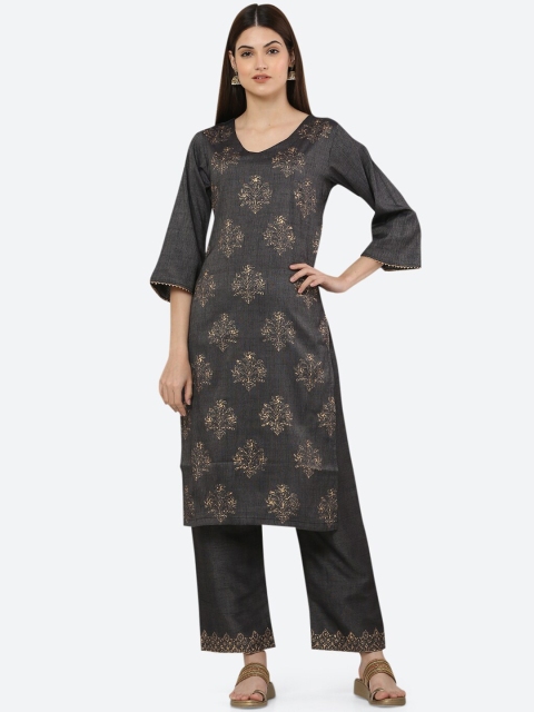 

Ashnaina Women Grey Ethnic Motifs Printed Regular Kurta with Churidar
