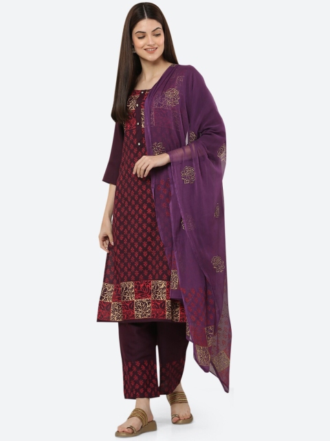 

Ashnaina Women Purple Floral Printed Regular Kurta with Churidar & With Dupatta