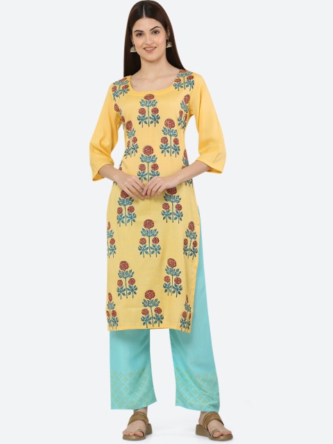 

Ashnaina Women Yellow & Turquoise Blue Floral Block Print Kurta with Palazzos & Dupatta