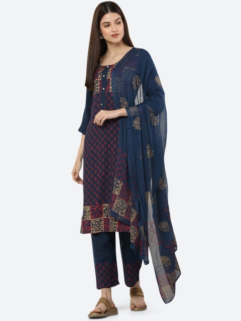 

Ashnaina Women Teal Ethnic Motifs Printed Regular Kurta with Trousers & With Dupatta