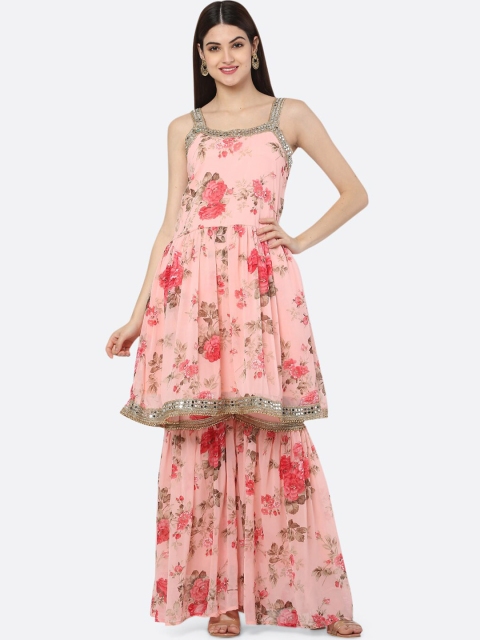 

Ashnaina Women Peach-Coloured Floral Printed Pleated Mirror Work Kurti with Sharara & With Dupatta