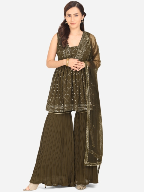 

BOMBAY SELECTIONS Women Green Embroidered Pleated Kurti with Sharara & With Dupatta
