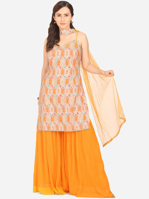 

BOMBAY SELECTIONS Women Mustard Yellow Printed Regular Beads and Stones Kurta with Palazzos & With Dupatta