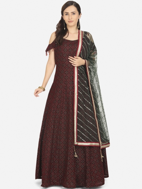 

BOMBAY SELECTIONS Women Green Floral Thread Work Georgette Kurta