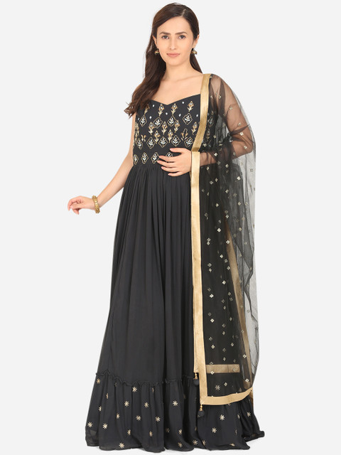 

BOMBAY SELECTIONS Women Grey & Gold-Toned Georgette Anarkali Kurta WIth DUpatta