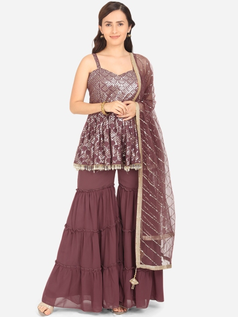 

BOMBAY SELECTIONS Women Mauve Embroidered Pleated Top with Sharara & With Dupatta