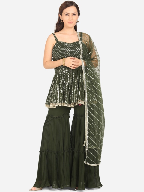 

BOMBAY SELECTIONS Women Green Embroidered Pleated Kurti with Sharara & With Dupatta