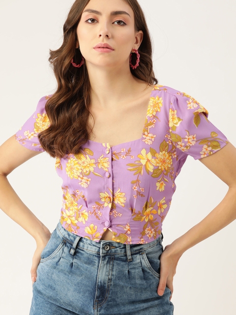 

DressBerry Women Purple & Yellow Floral Printed Shirt Style Crop Top